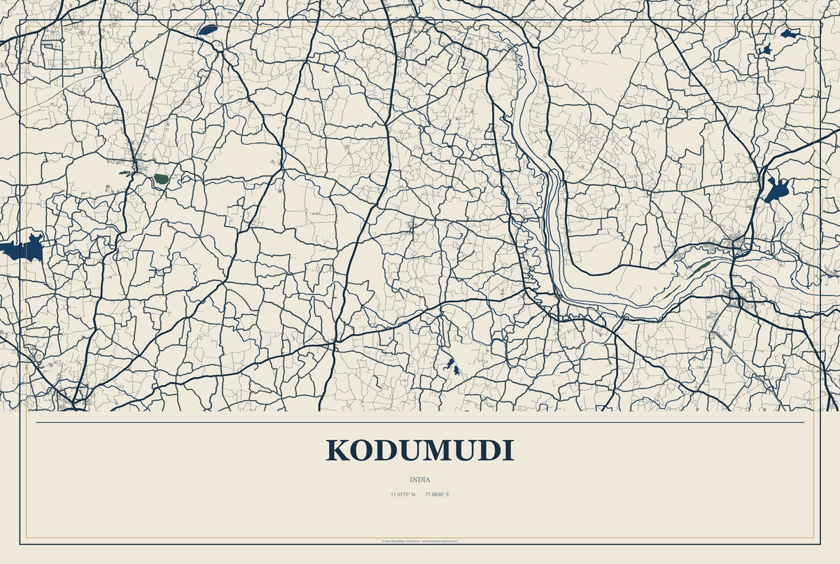 Kodumudi, India City Map Aluminum Sign in Coastal Cutout style