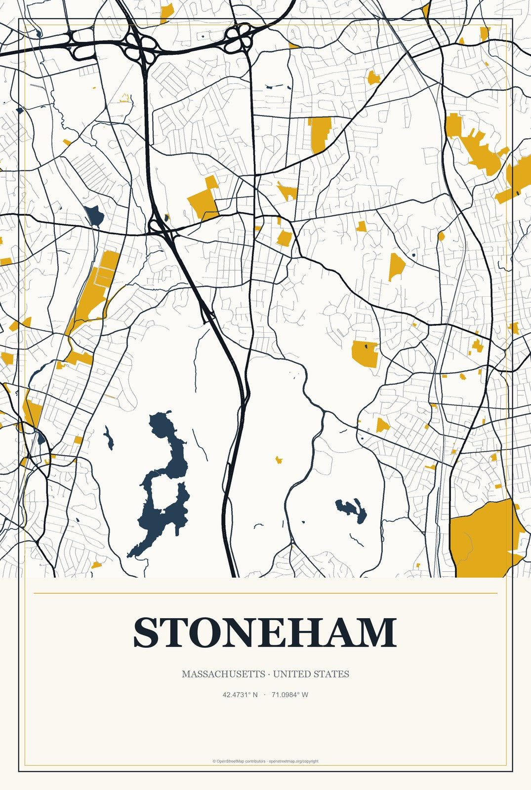 Stoneham, Massachusetts City Map Aluminum Sign in Citrine Modern style
