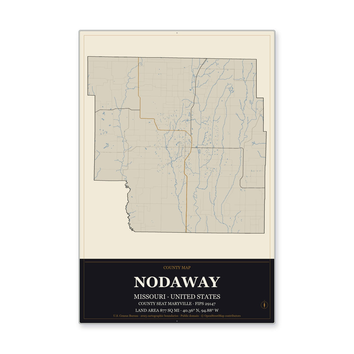 Nodaway County, Missouri Map Aluminum Sign in Museum Plaque style