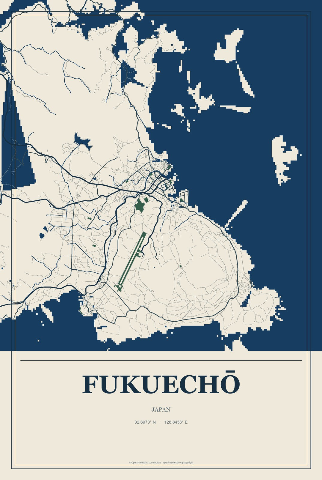 Fukuechō, Japan City Map Aluminum Sign in Coastal Cutout style