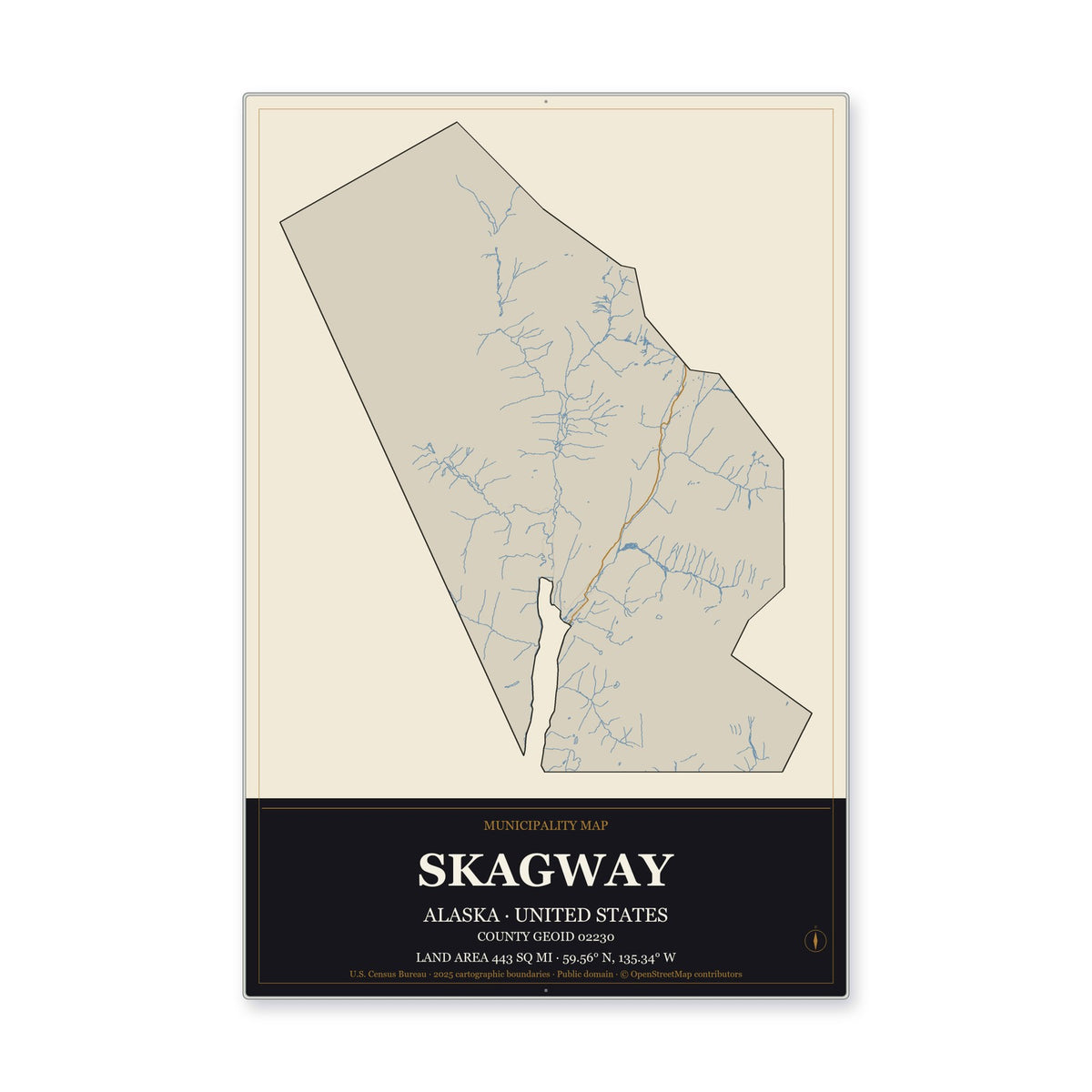 Skagway Municipality, Alaska Map Aluminum Sign in Museum Plaque style