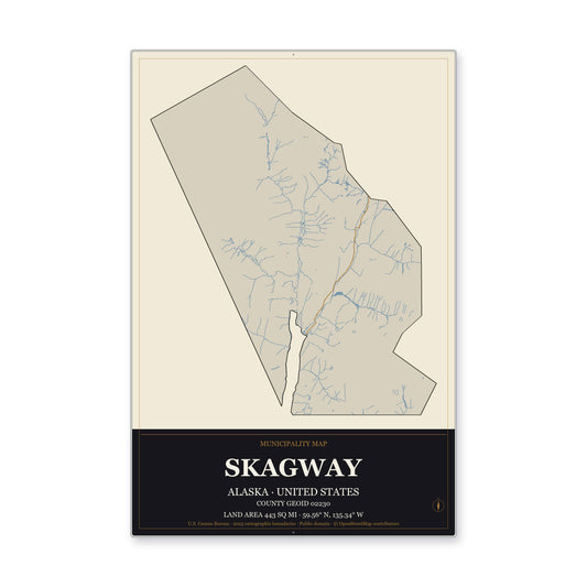 Skagway Municipality, Alaska Map Aluminum Sign in Museum Plaque style