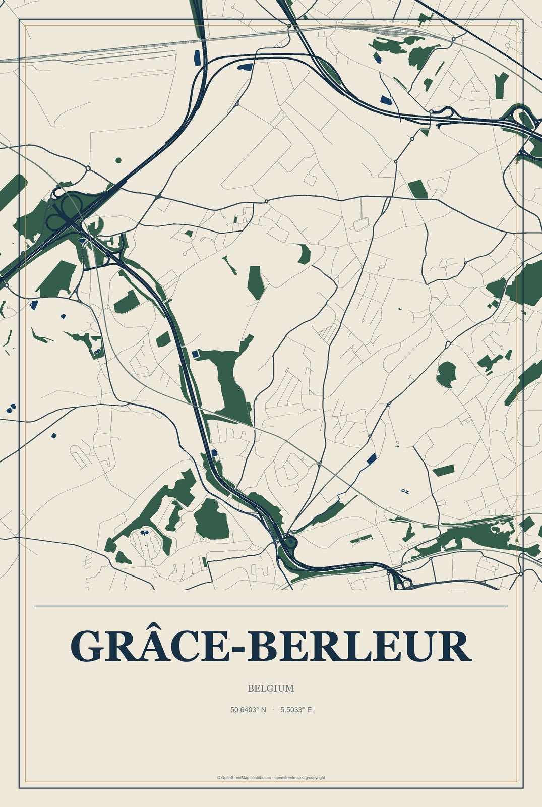 Grâce-Berleur, Belgium City Map Aluminum Sign in Coastal Cutout style