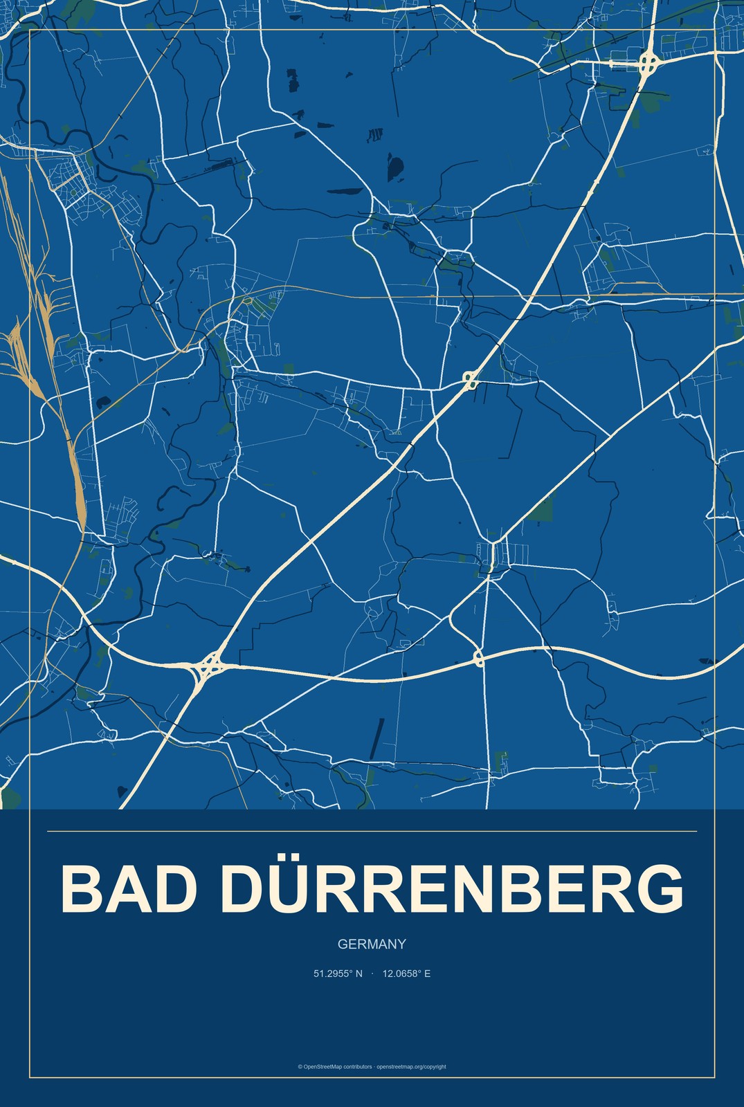 Bad Dürrenberg, Germany City Map Aluminum Sign in Harbor Cobalt style