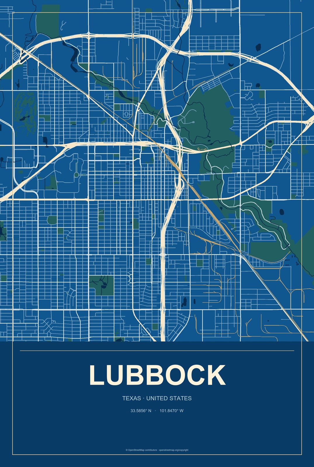 Lubbock, Texas City Map Aluminum Sign in Harbor Cobalt style