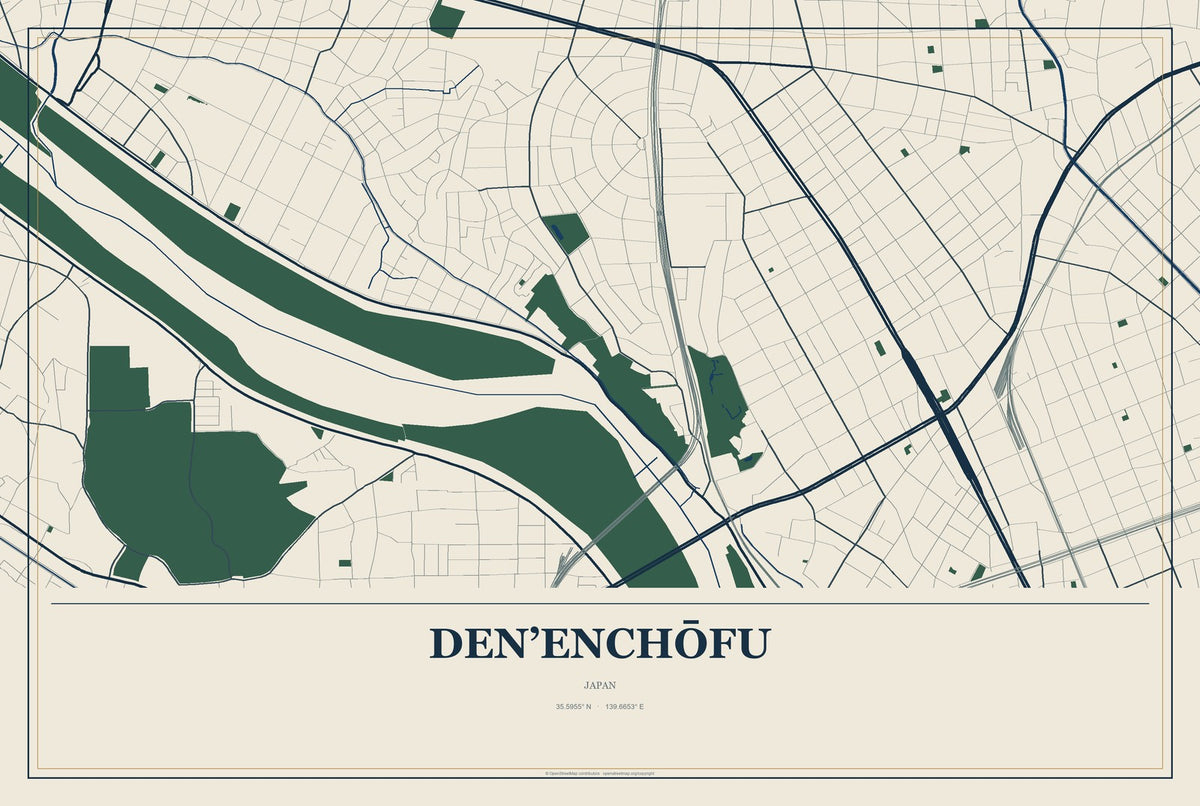 Den’enchōfu, Japan City Map Aluminum Sign in Coastal Cutout style