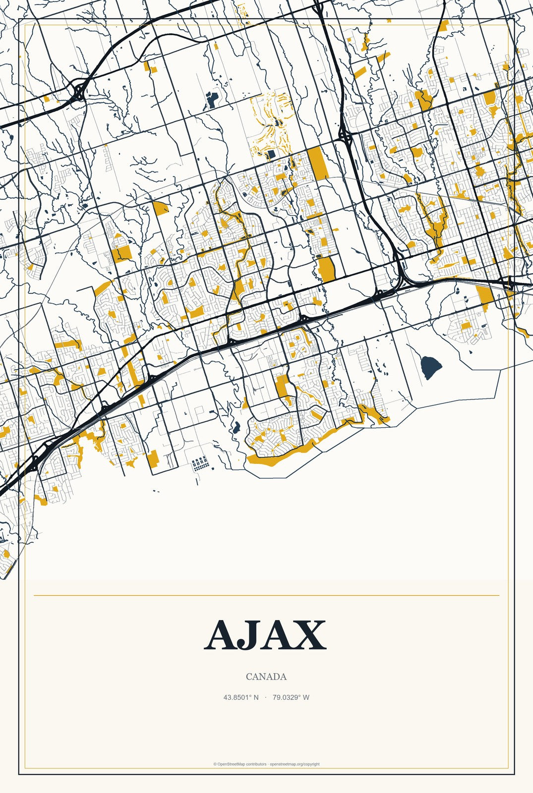Ajax, Canada City Map Aluminum Sign in Citrine Modern style