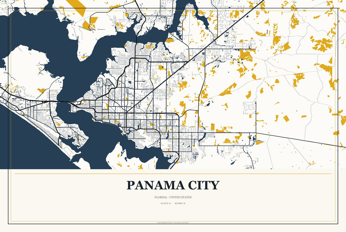 Panama City, Florida City Map Aluminum Sign in Citrine Modern style