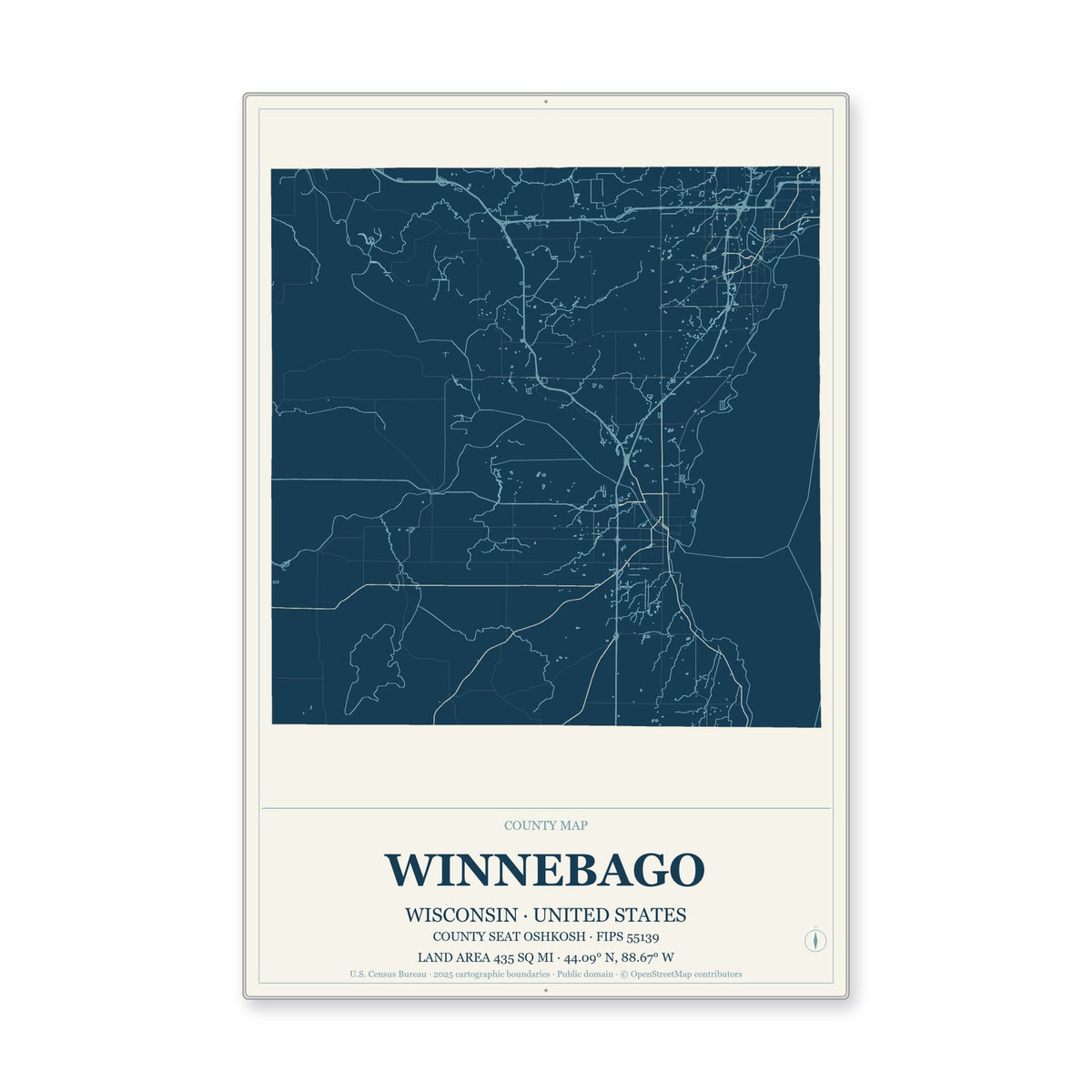 Winnebago County, Wisconsin Map Aluminum Sign in Coastal Cutout style