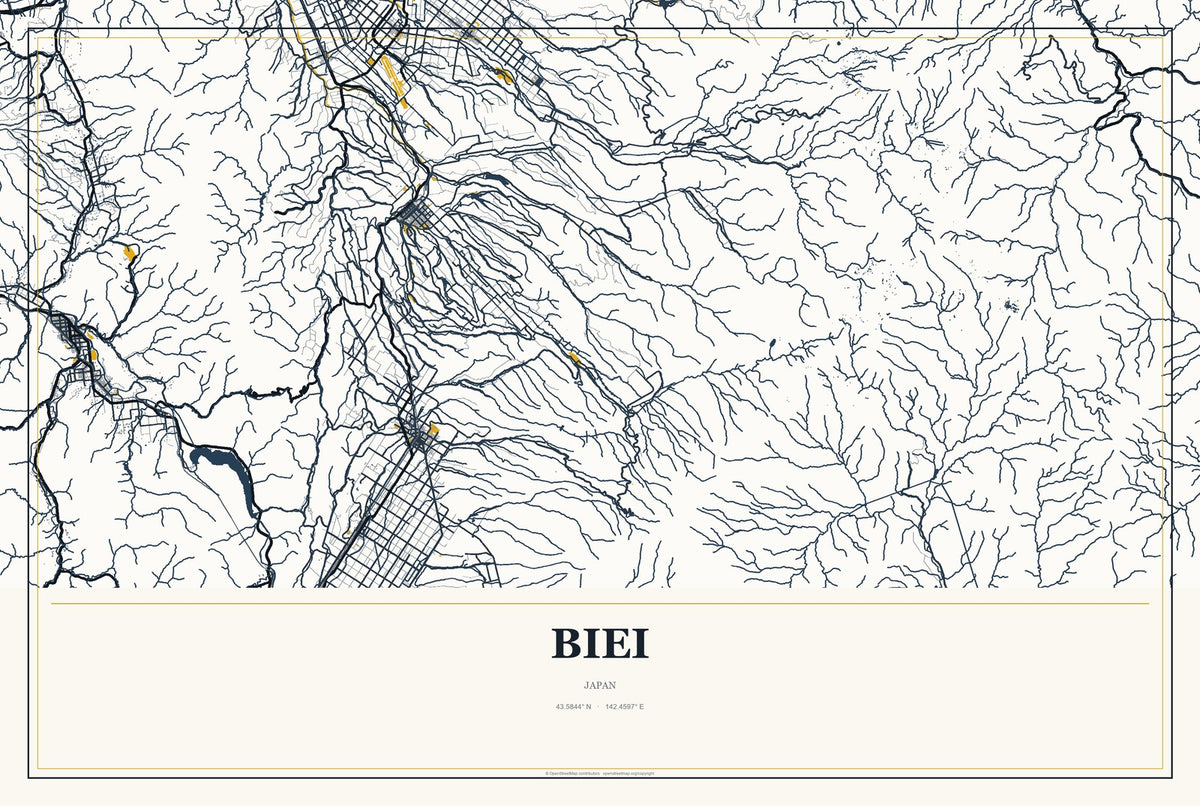Biei, Japan City Map Aluminum Sign in Citrine Modern style