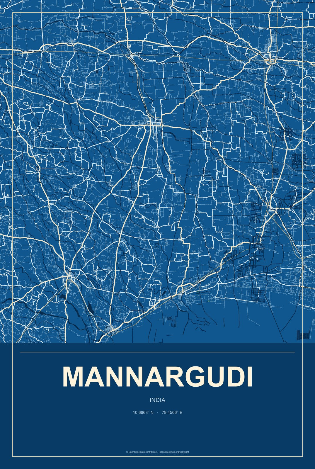 Mannargudi, India City Map Aluminum Sign in Harbor Cobalt style