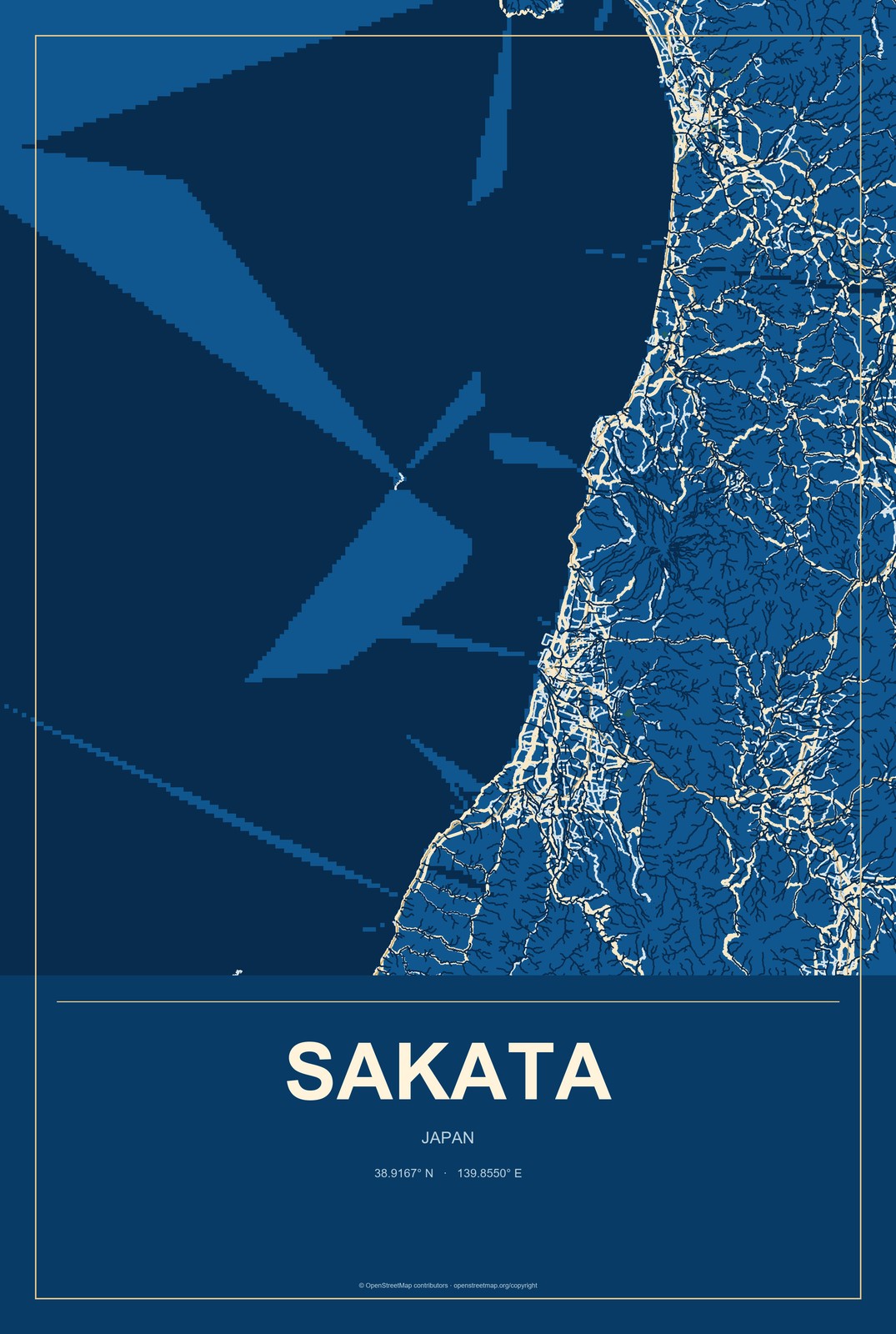 Sakata, Japan City Map Aluminum Sign in Harbor Cobalt style