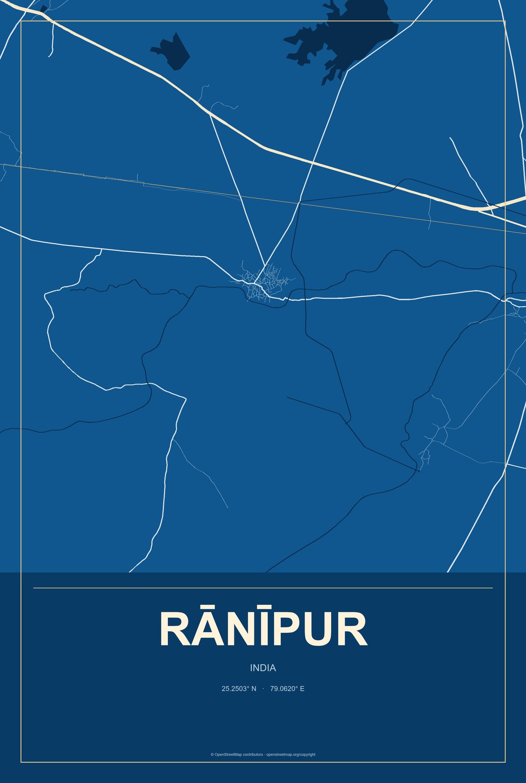 Rānīpur, India City Map Aluminum Sign in Harbor Cobalt style
