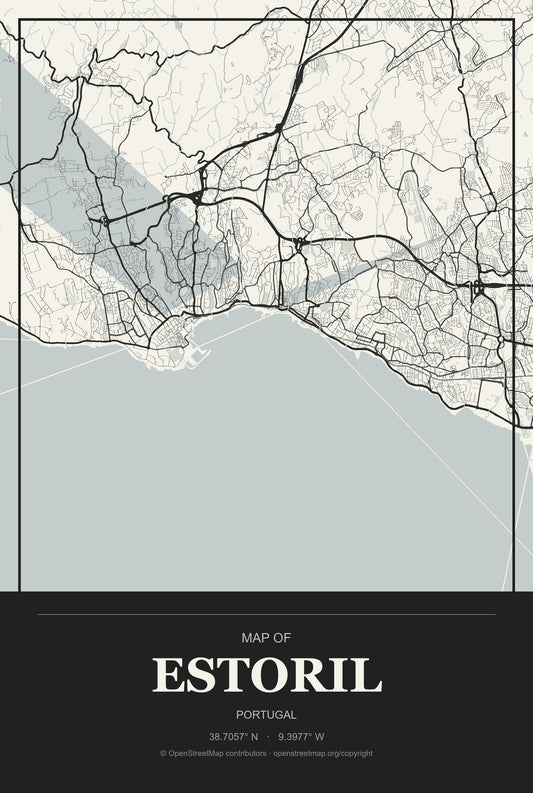 Estoril, Portugal City Map Aluminum Sign in Museum Plaque style
