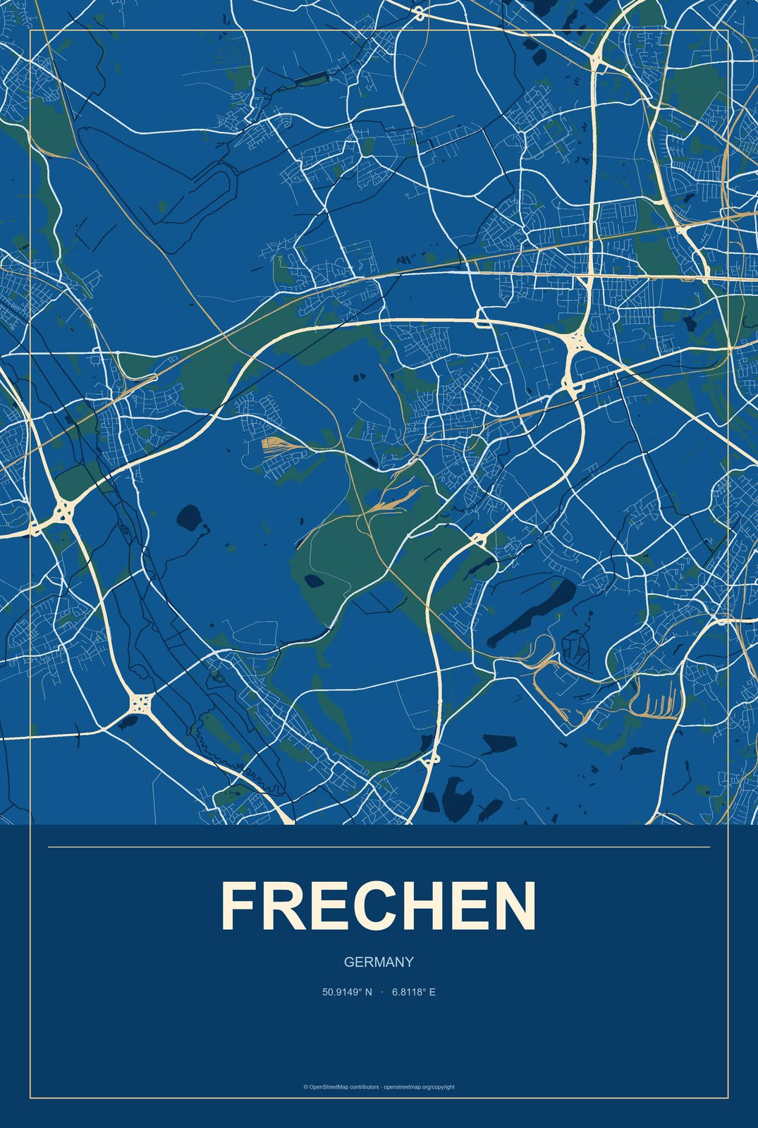 Frechen, Germany City Map Aluminum Sign in Harbor Cobalt style
