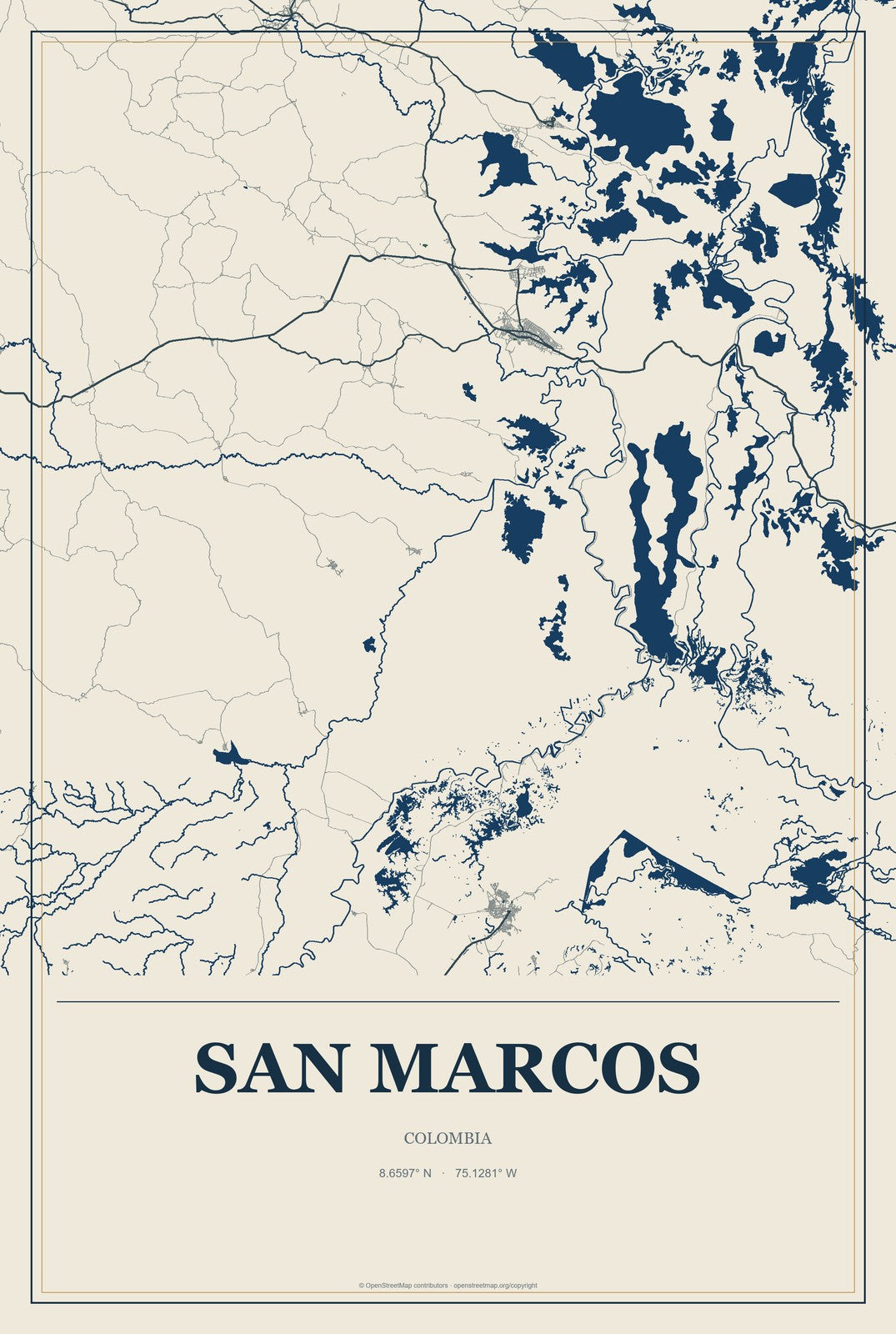 San Marcos, Colombia City Map Aluminum Sign in Coastal Cutout style
