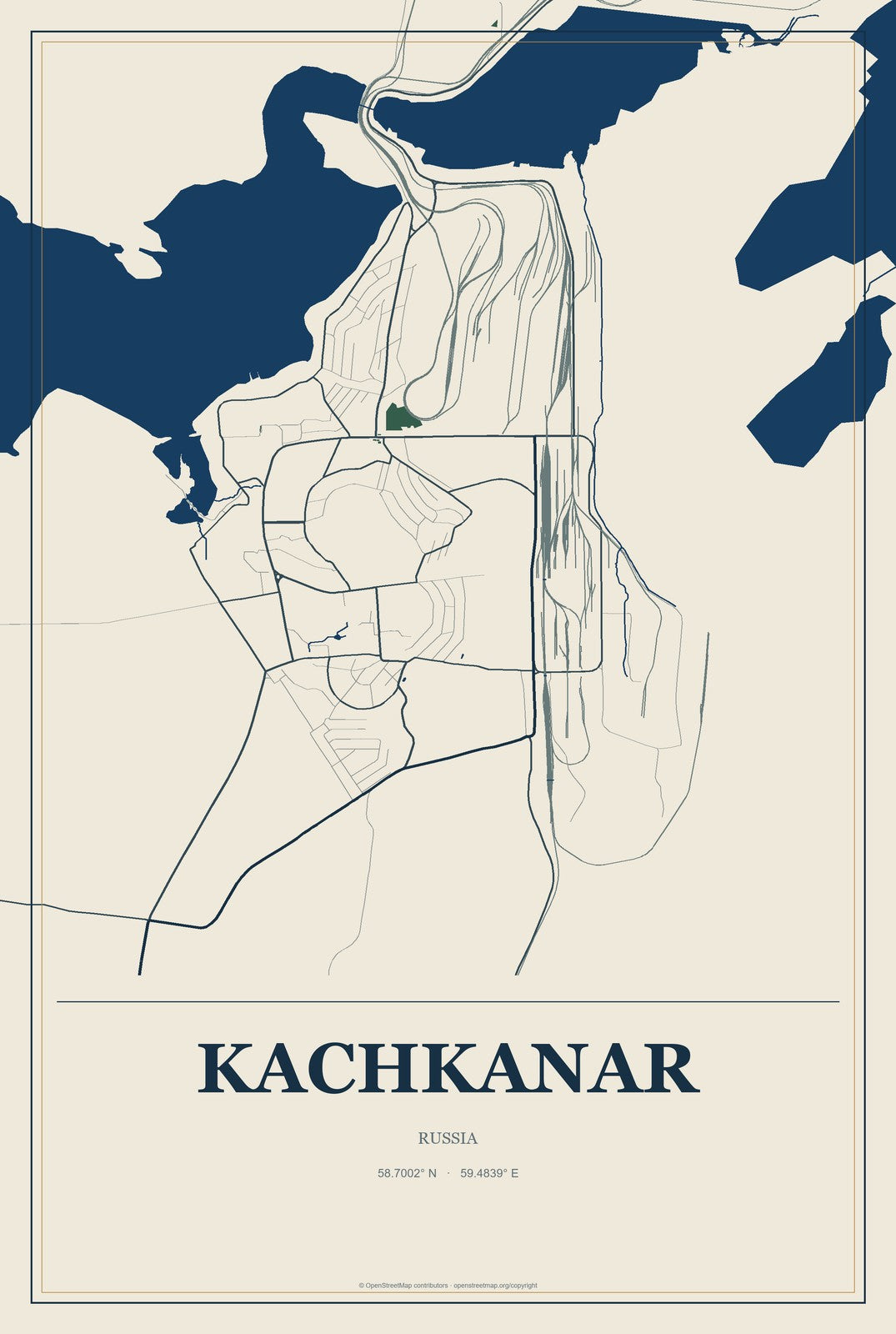 Kachkanar, Russia City Map Aluminum Sign in Coastal Cutout style