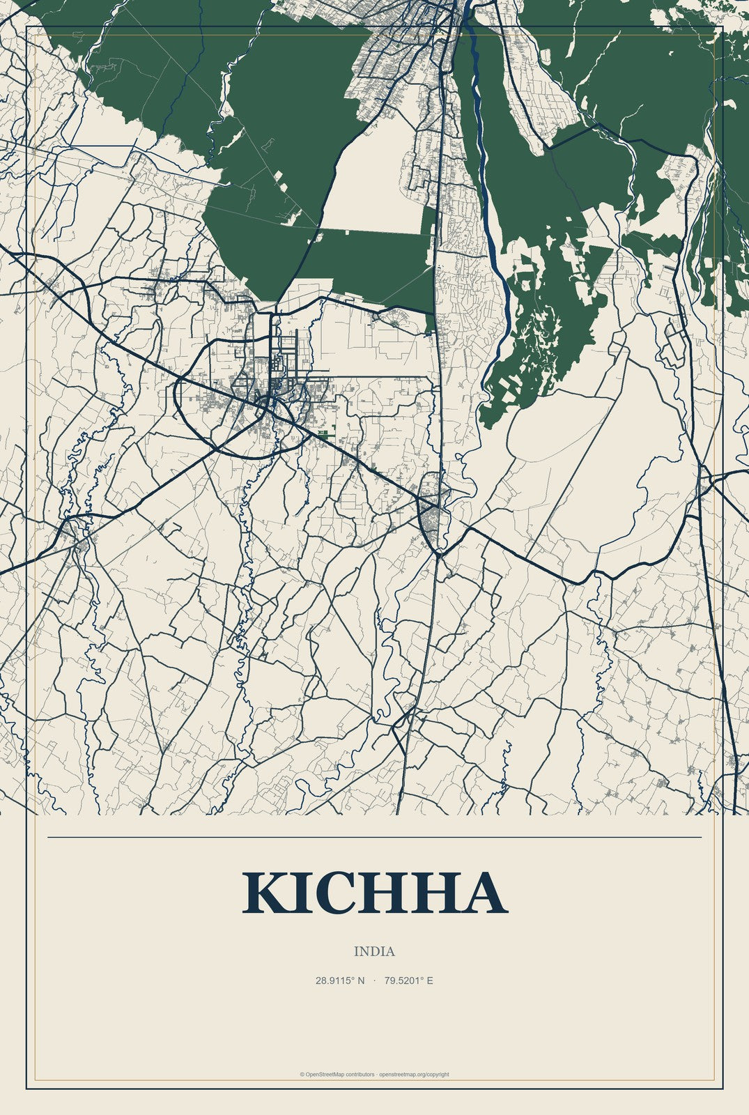Kichha, India City Map Aluminum Sign in Coastal Cutout style