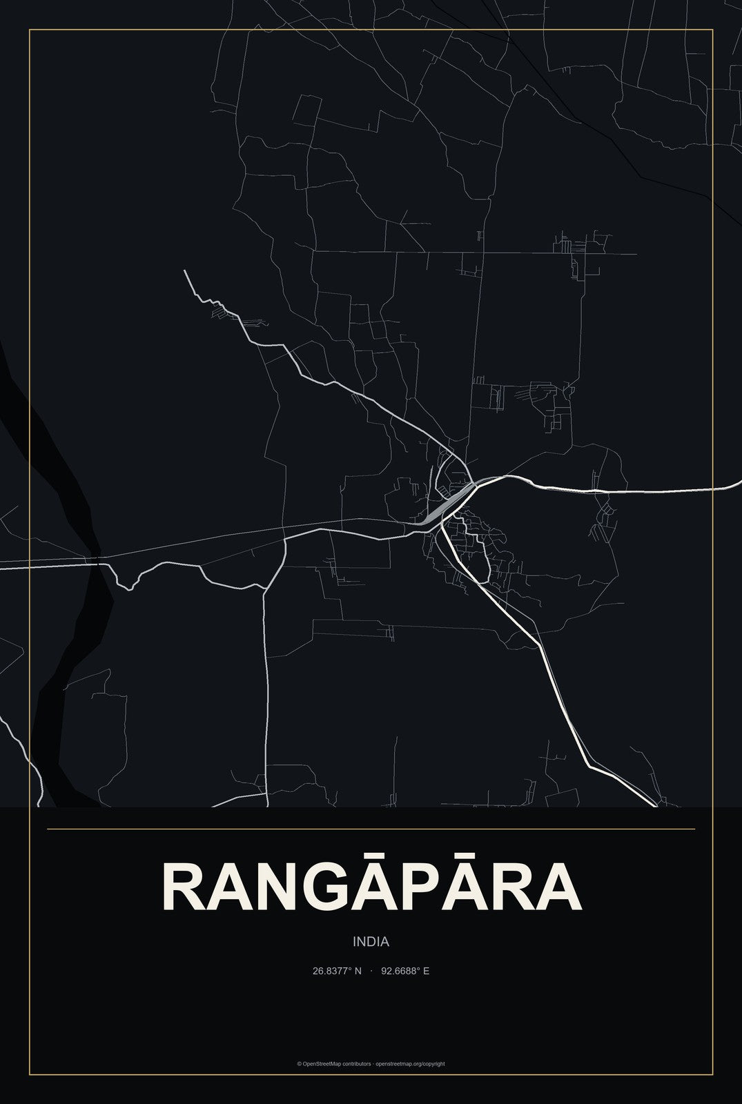 Rangāpāra, India City Map Aluminum Sign in Metropolitan Noir style