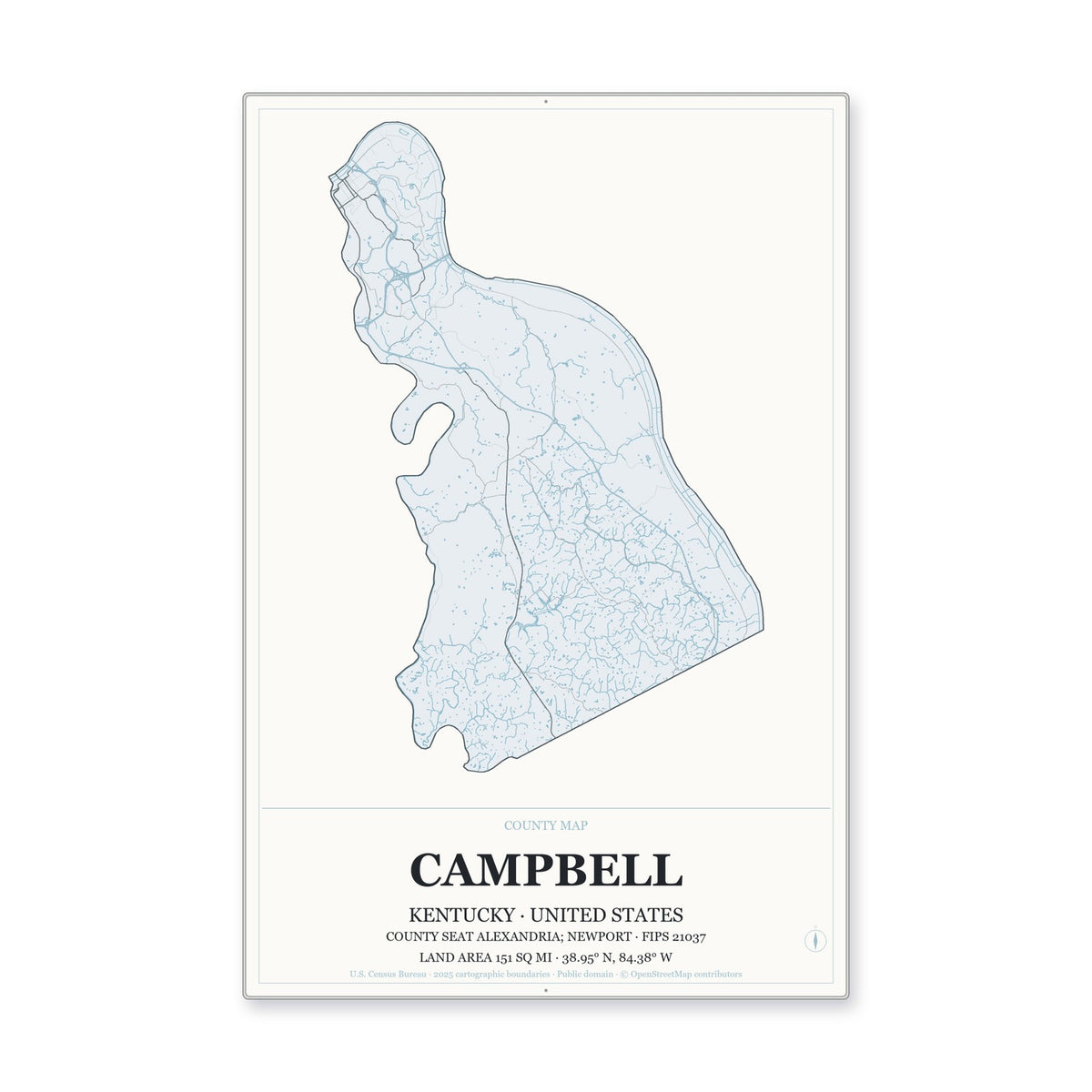Campbell County, Kentucky Map Aluminum Sign in Gallery Air style