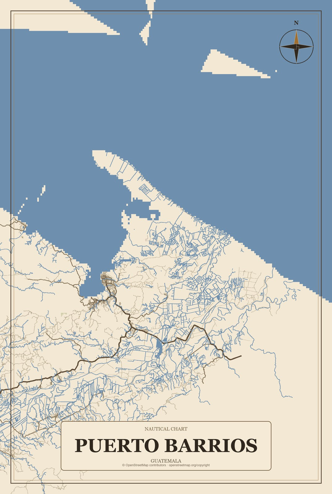Puerto Barrios, Guatemala City Map Aluminum Sign in Heritage Nautical style