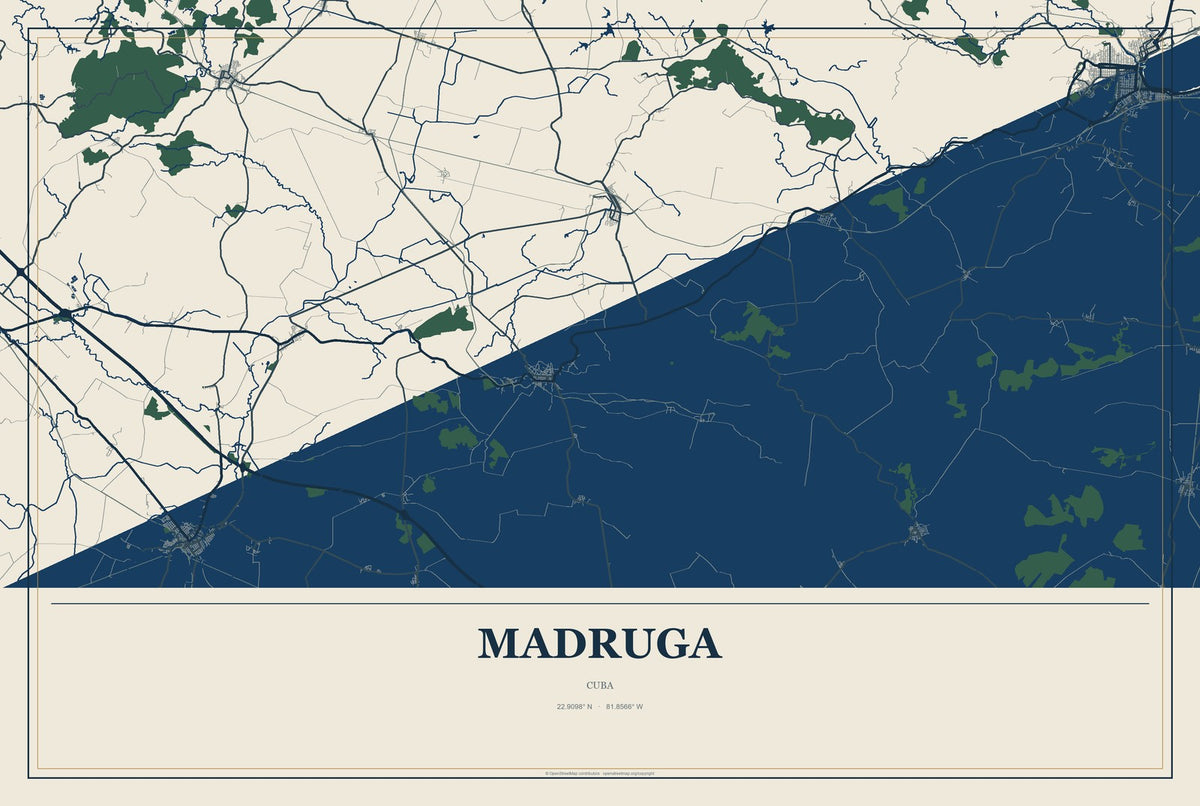 Madruga, Cuba City Map Aluminum Sign in Coastal Cutout style