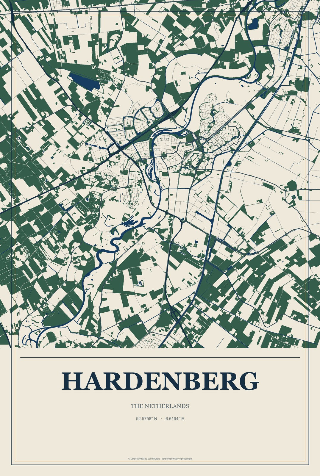 Hardenberg, The Netherlands City Map Aluminum Sign in Coastal Cutout style