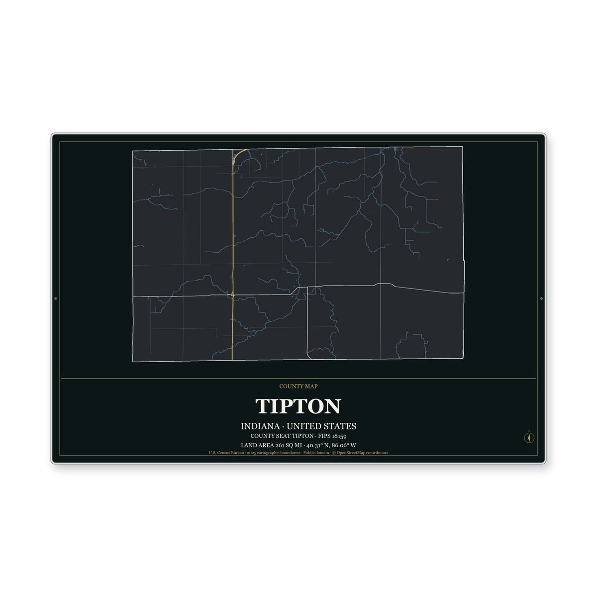 Tipton County, Indiana Map Aluminum Sign in Metropolitan Noir style