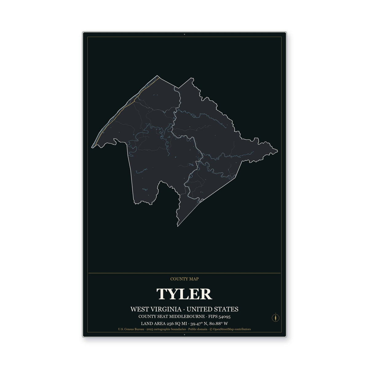 Tyler County, West Virginia Map Aluminum Sign in Metropolitan Noir style