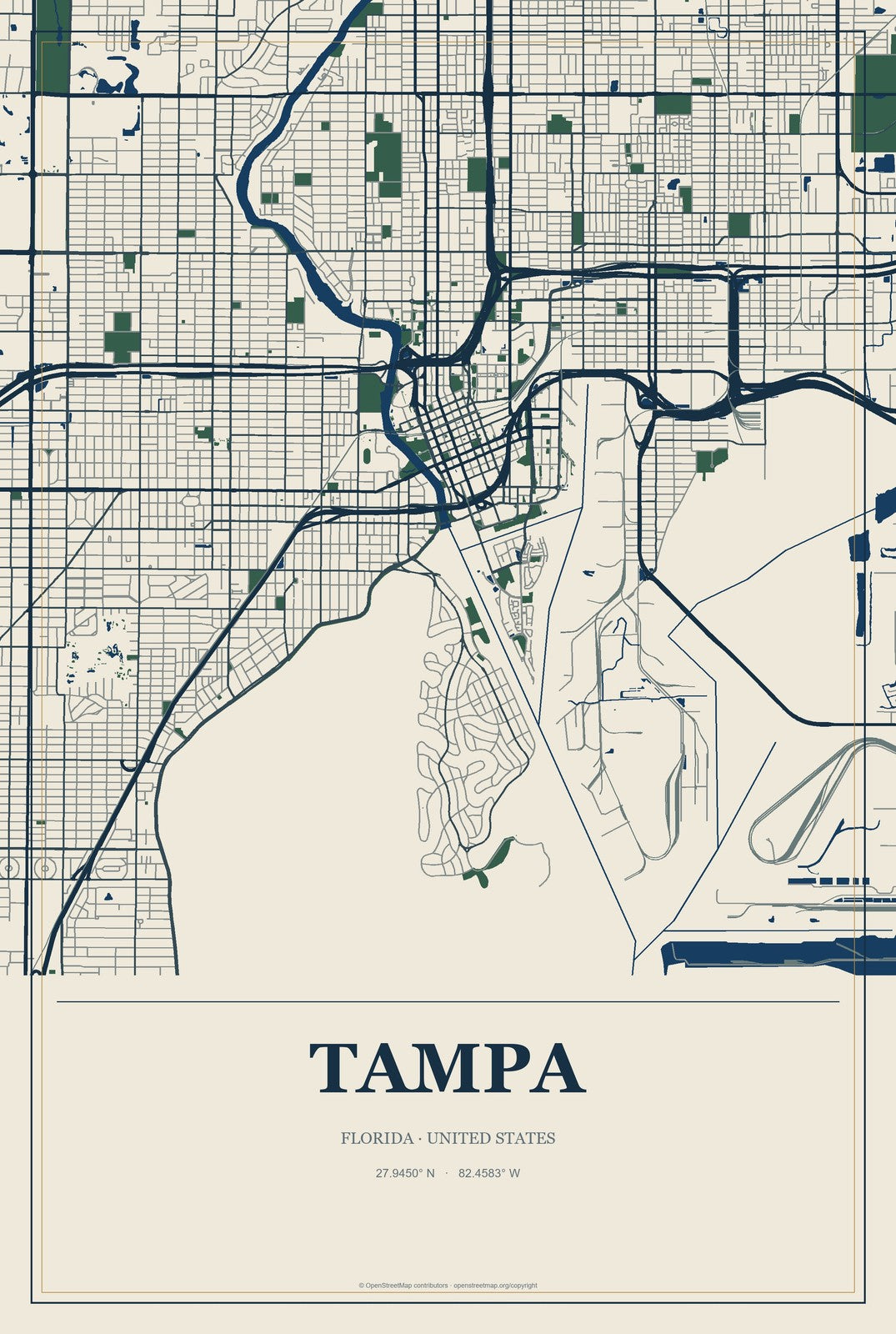 Tampa, Florida City Map Aluminum Sign in Coastal Cutout style