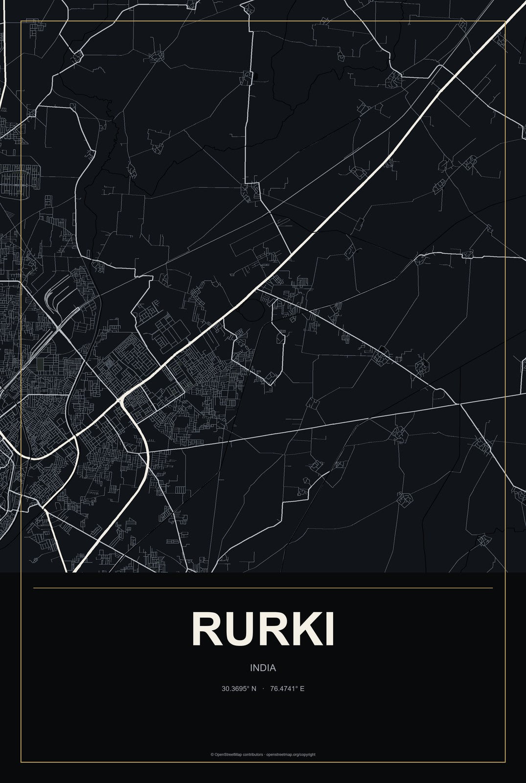 Rurki, India City Map Aluminum Sign in Metropolitan Noir style