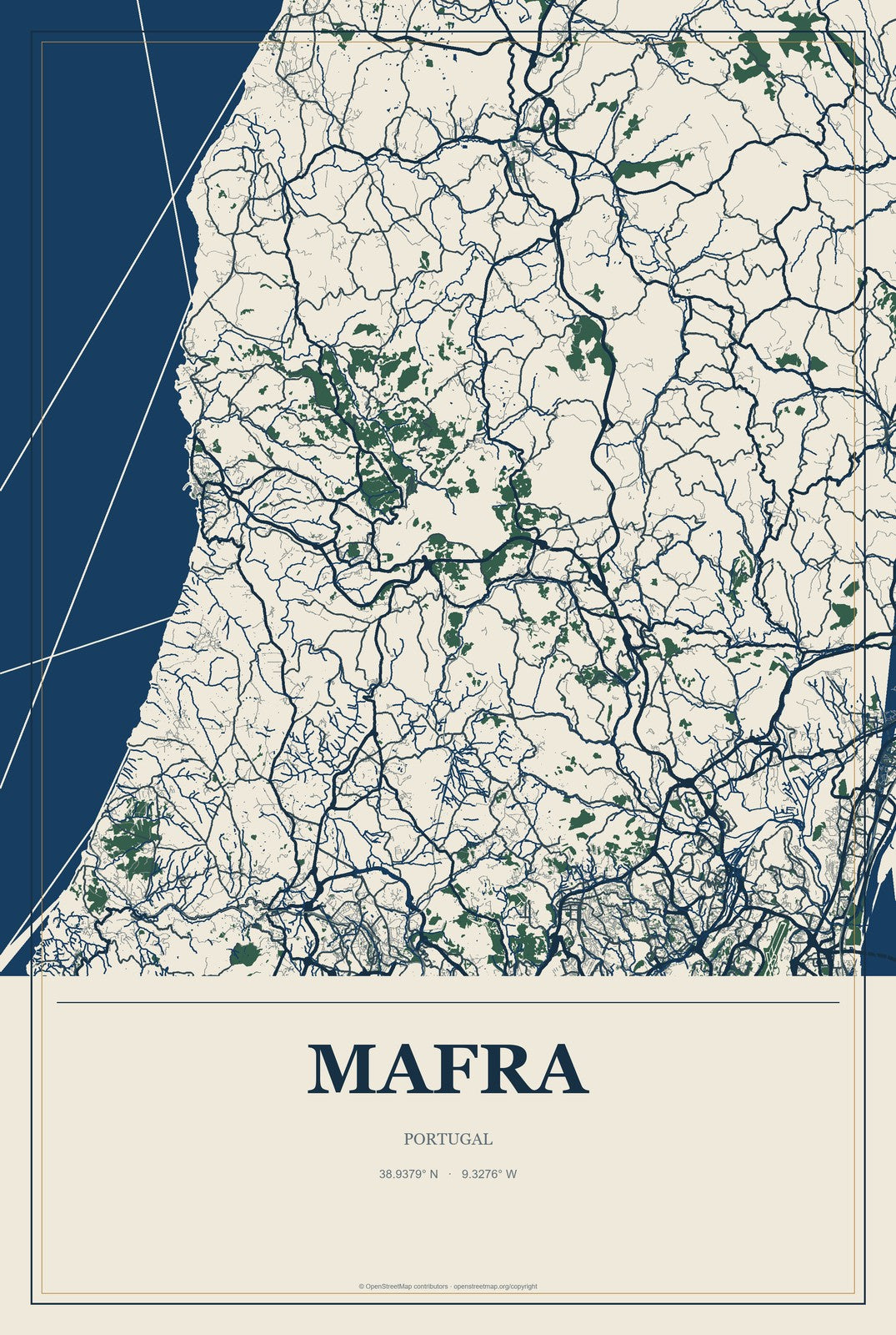 Mafra, Portugal City Map Aluminum Sign in Coastal Cutout style