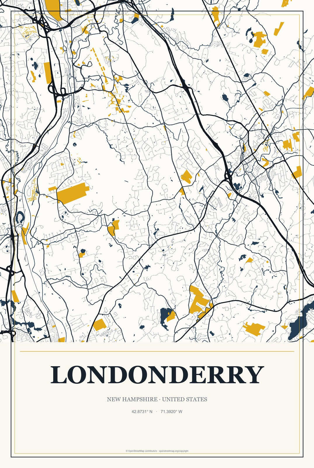 Londonderry, New Hampshire City Map Aluminum Sign in Citrine Modern style