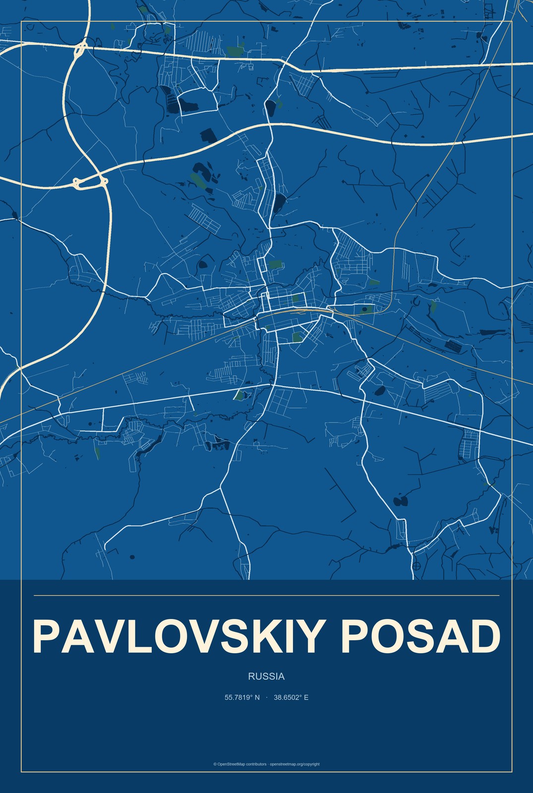 Pavlovskiy Posad, Russia City Map Aluminum Sign in Harbor Cobalt style