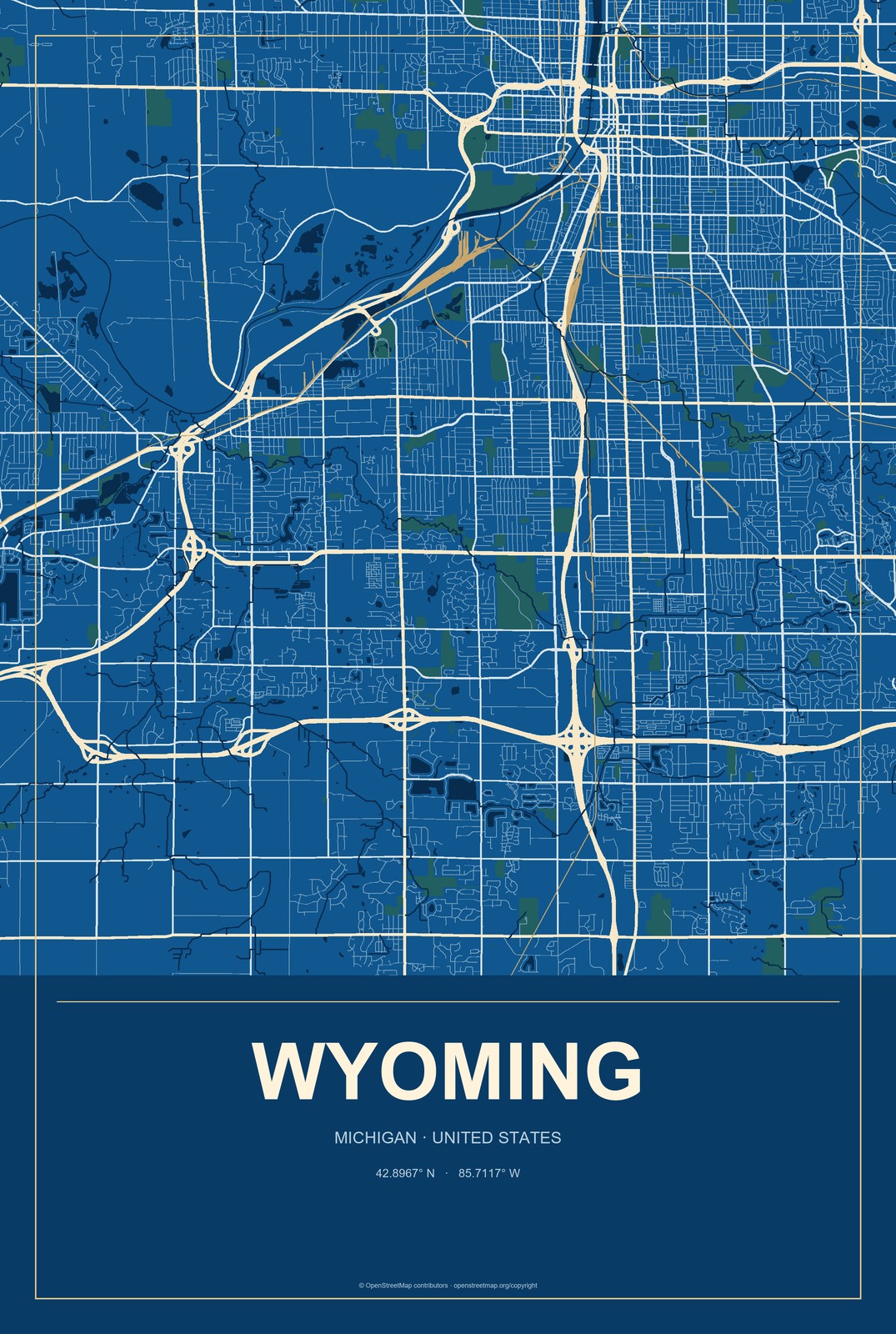 Wyoming, Michigan City Map Aluminum Sign in Harbor Cobalt style