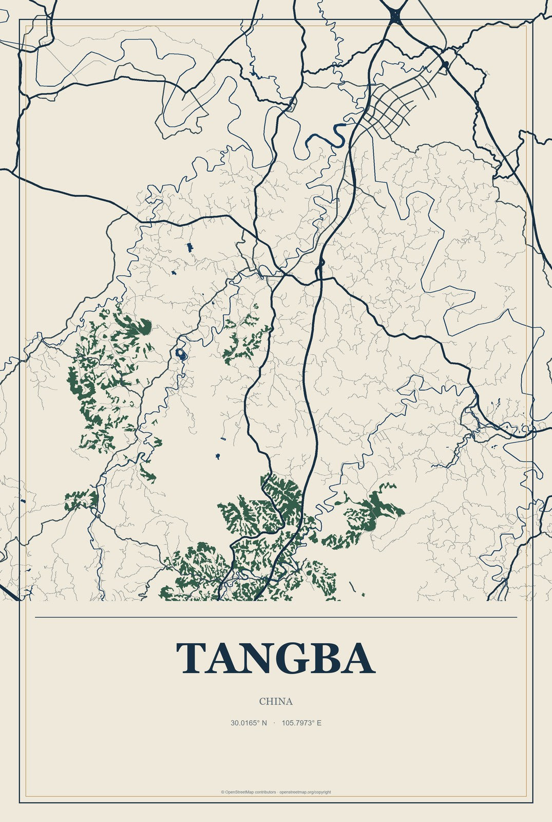 Tangba, China City Map Aluminum Sign in Coastal Cutout style