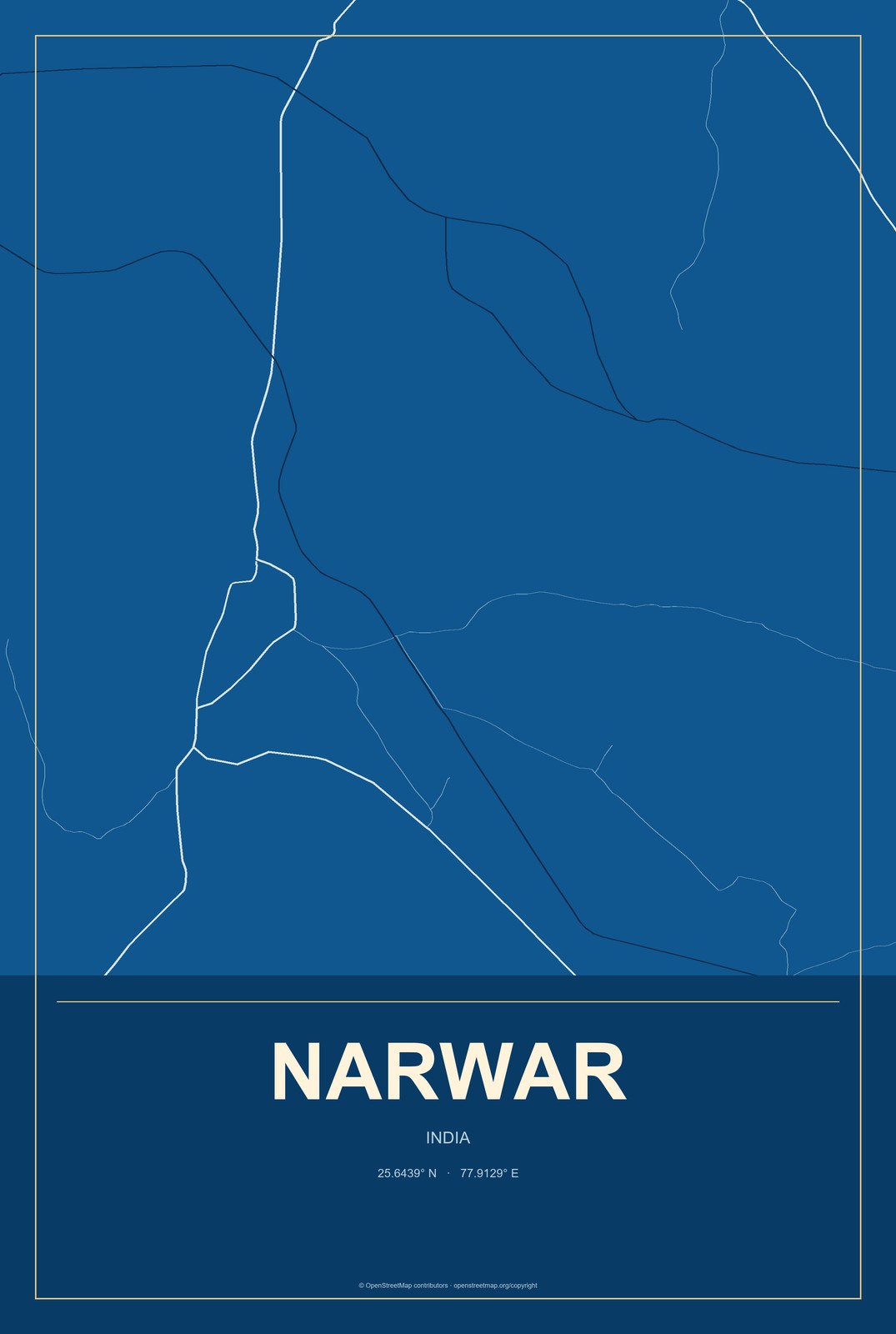 Narwar, India City Map Aluminum Sign in Harbor Cobalt style