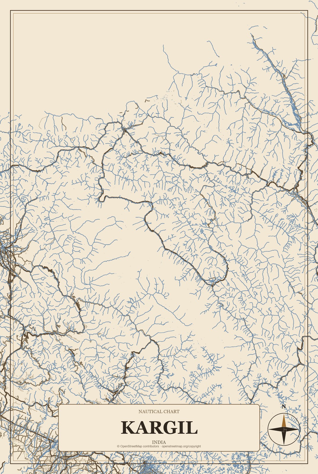 Kargil, India City Map Aluminum Sign in Heritage Nautical style