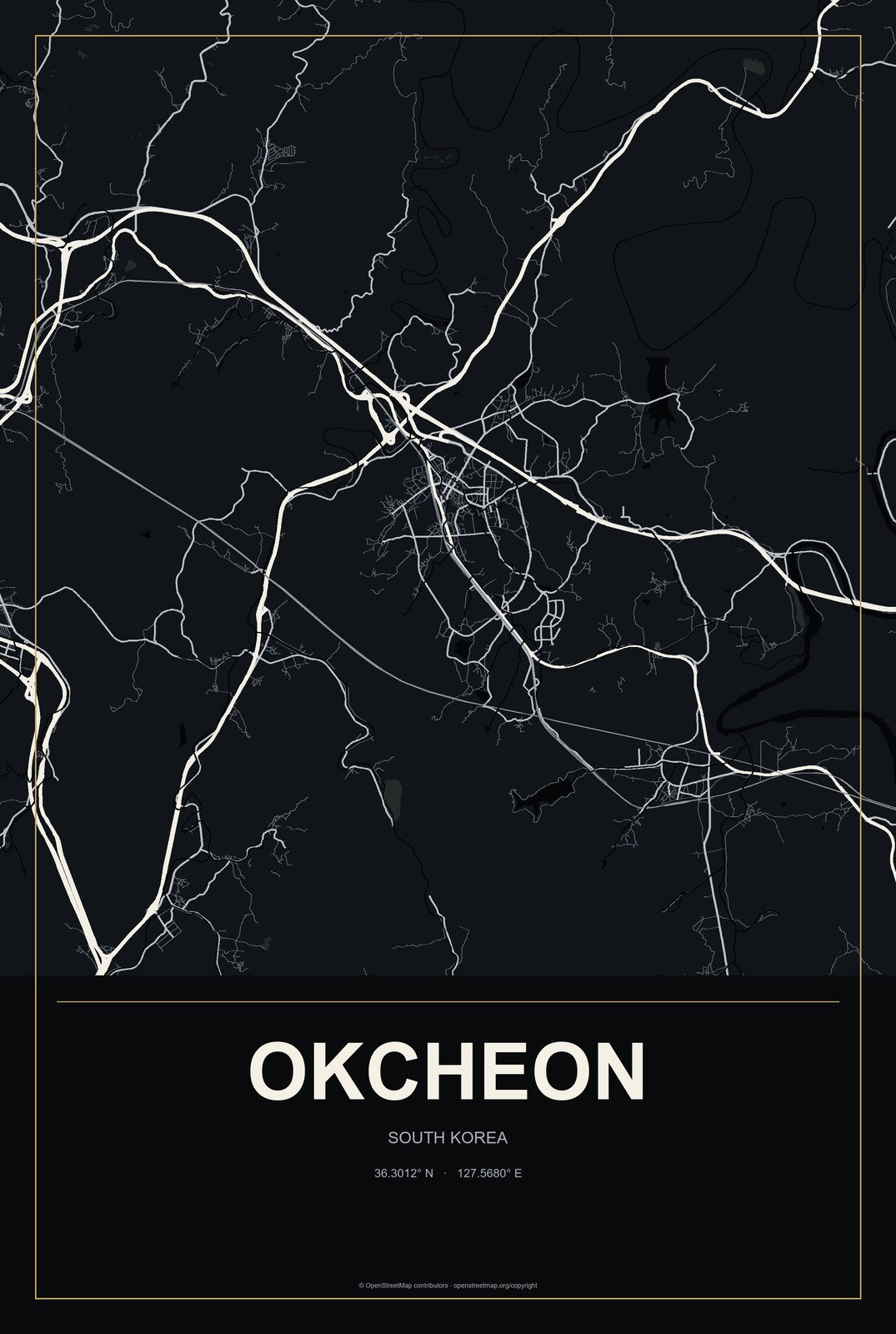 Okcheon, South Korea City Map Aluminum Sign in Metropolitan Noir style