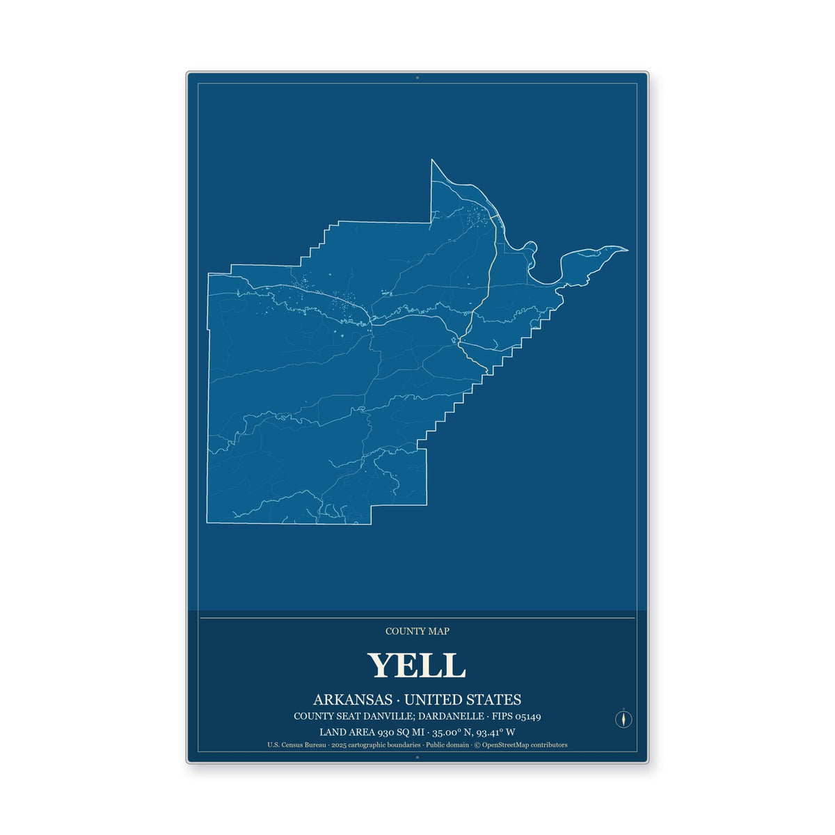Yell County, Arkansas Map Aluminum Sign in Harbor Cobalt style
