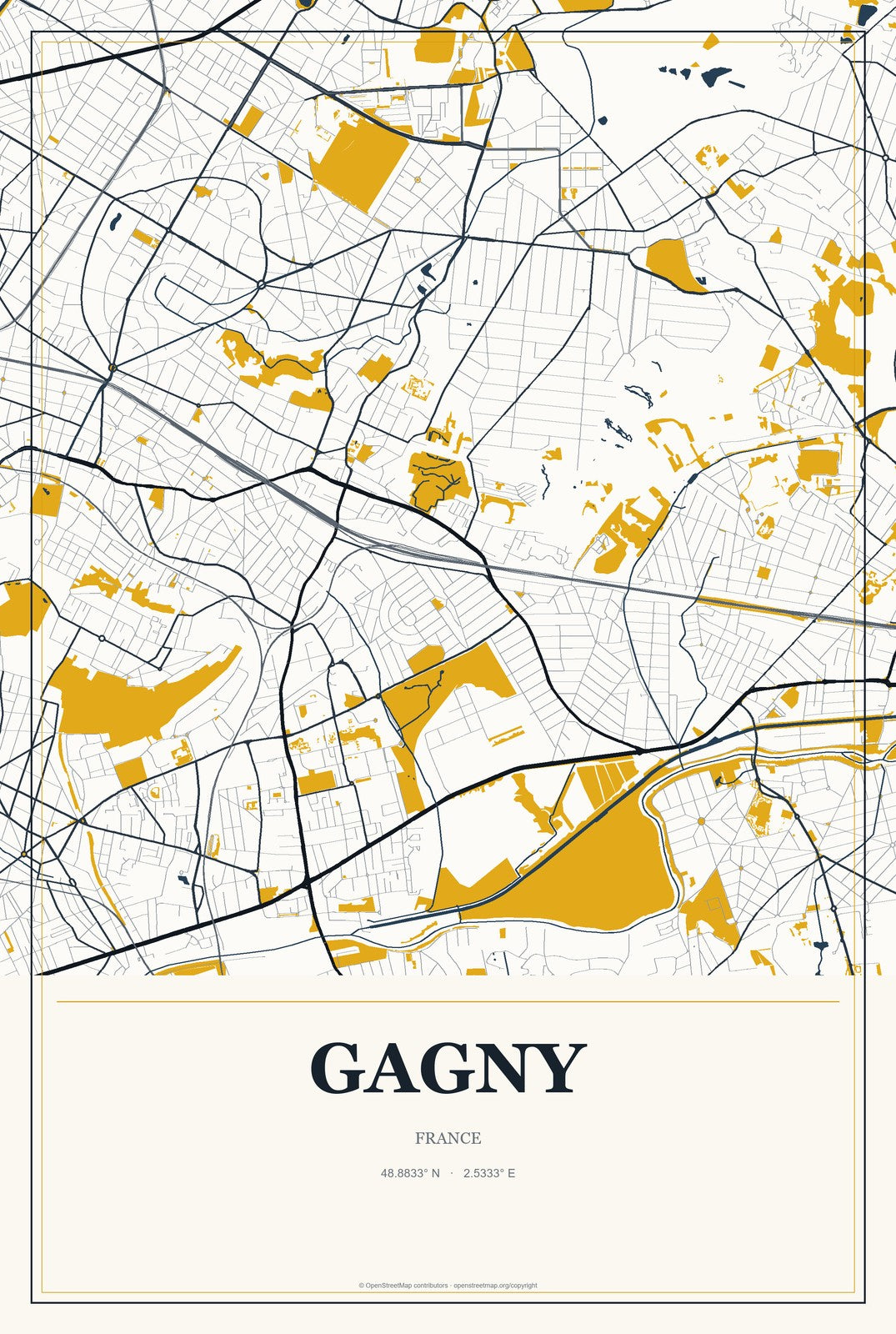 Gagny, France City Map Aluminum Sign in Citrine Modern style