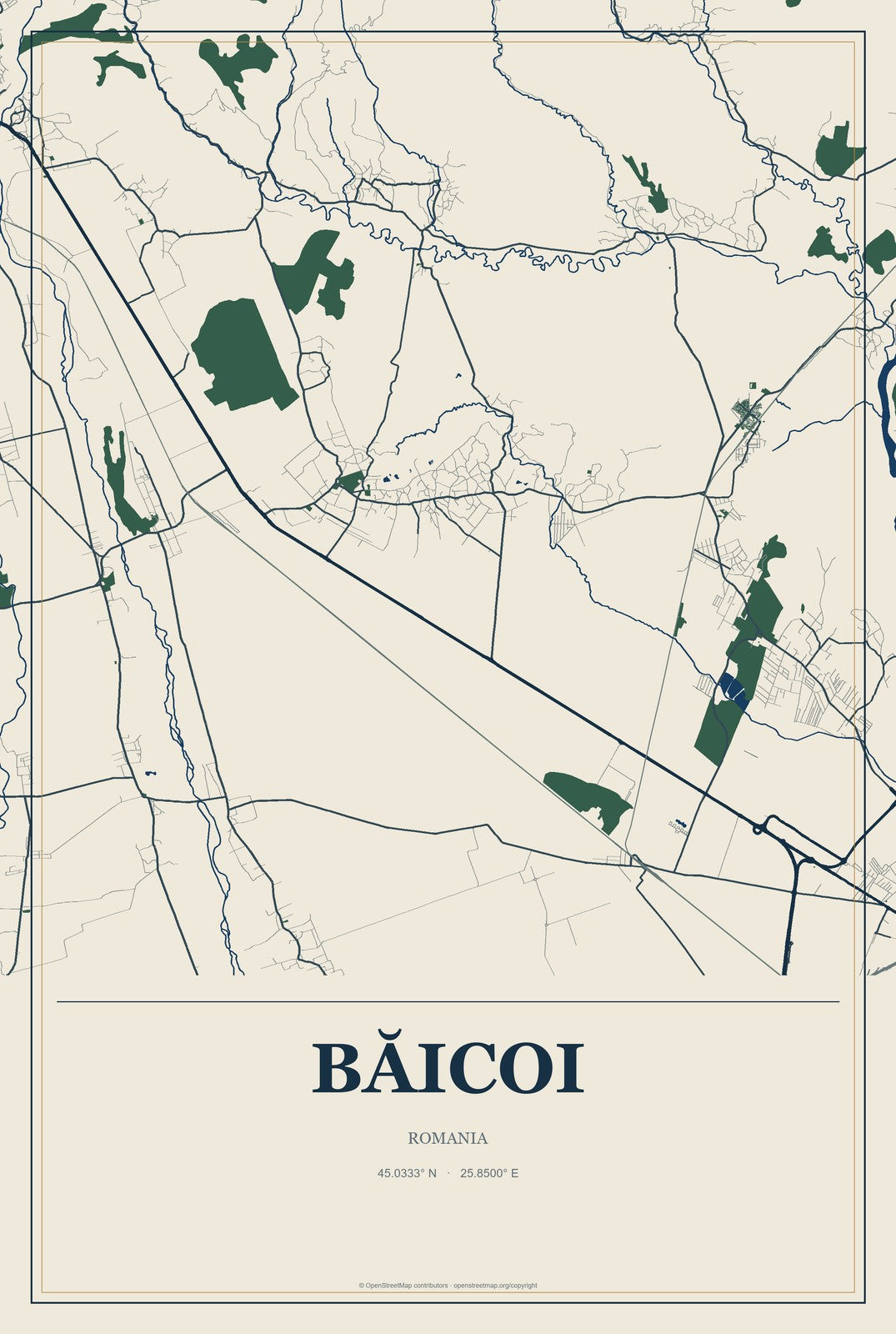 Băicoi, Romania City Map Aluminum Sign in Coastal Cutout style