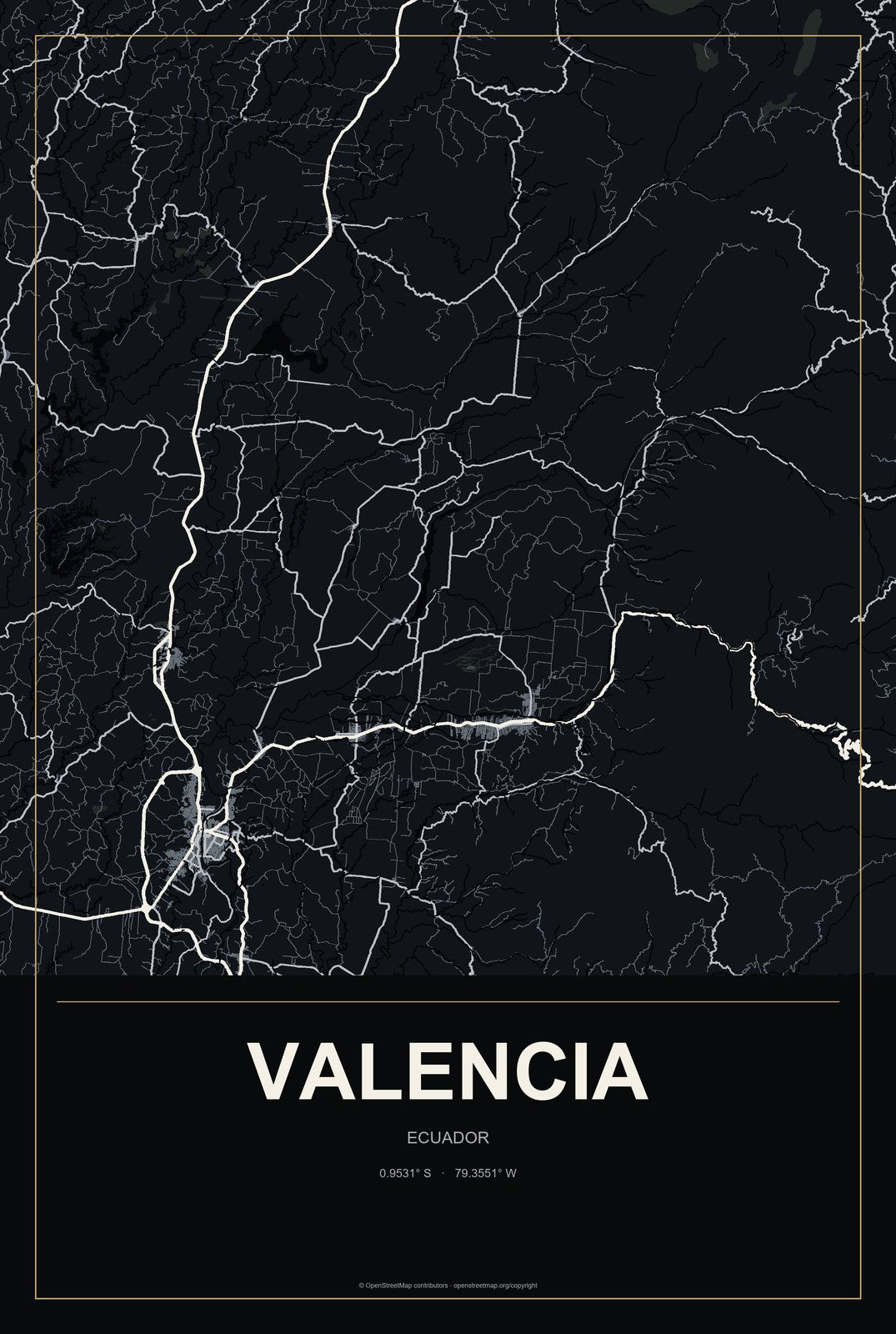 Valencia, Ecuador City Map Aluminum Sign in Metropolitan Noir style