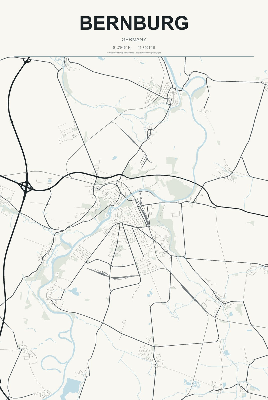 Bernburg, Germany City Map Aluminum Sign in Headline Atlas style