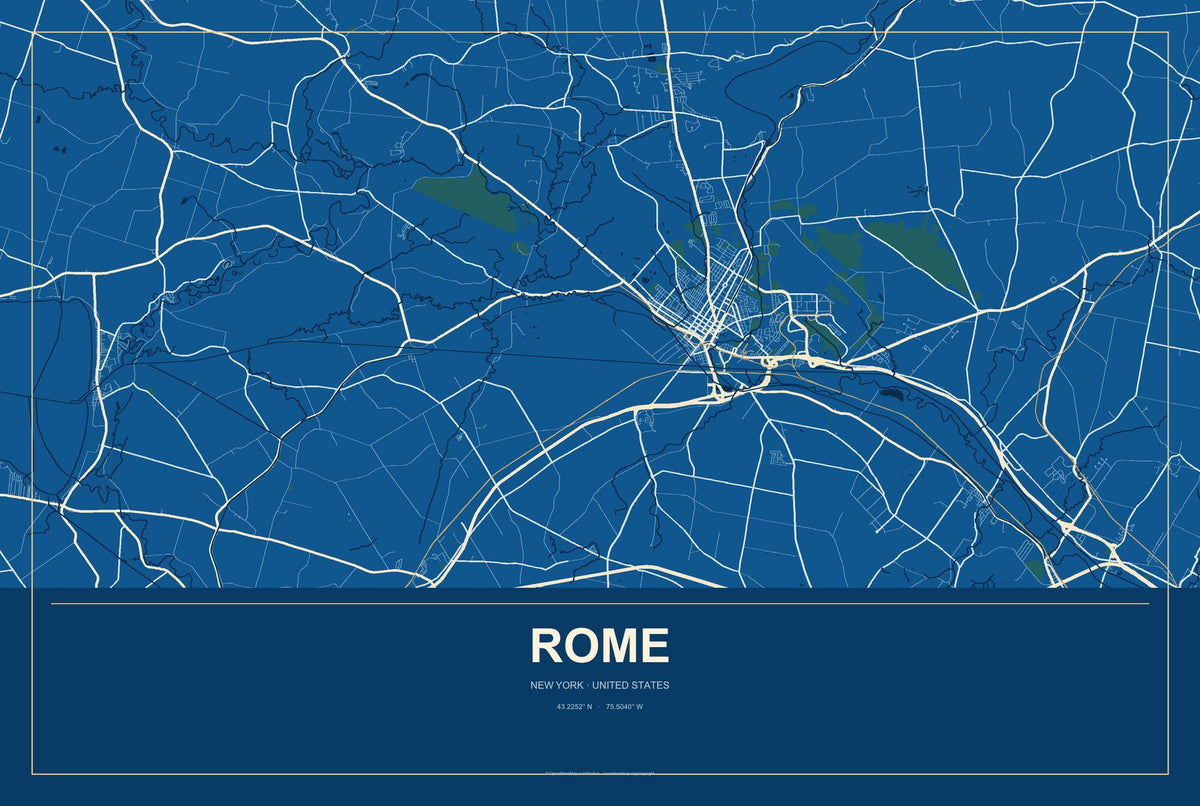 Rome, New York City Map Aluminum Sign in Harbor Cobalt style