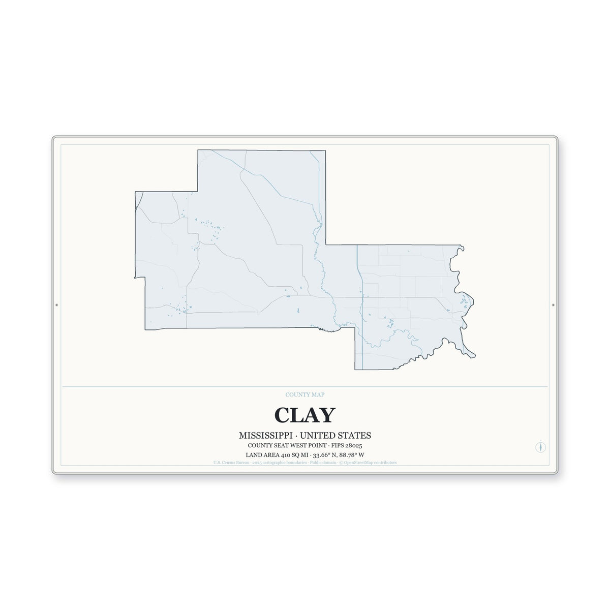 Clay County, Mississippi Map Aluminum Sign in Gallery Air style