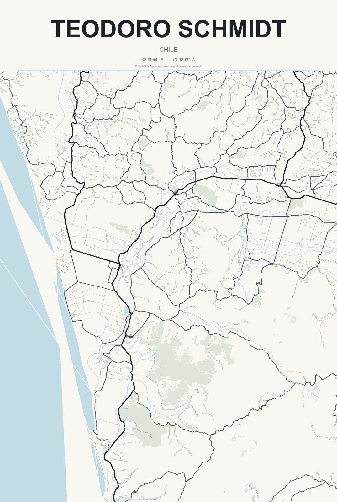 Teodoro Schmidt, Chile City Map Aluminum Sign in Headline Atlas style