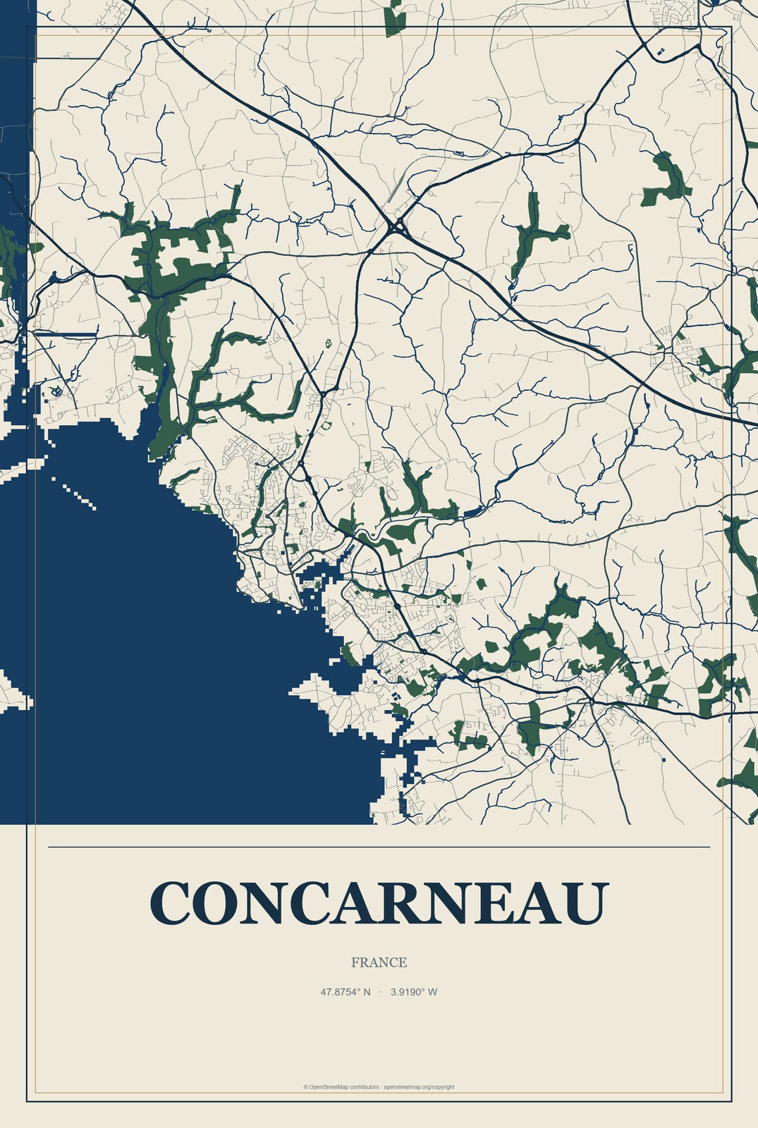 Concarneau, France City Map Aluminum Sign in Coastal Cutout style