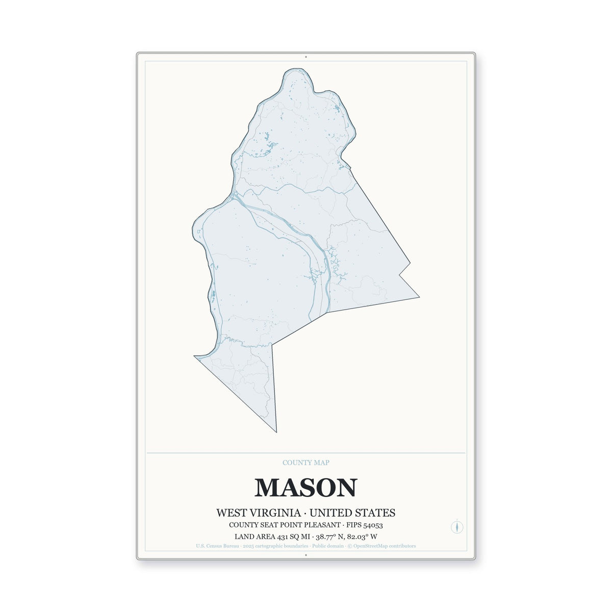 Mason County, West Virginia Map Aluminum Sign in Gallery Air style