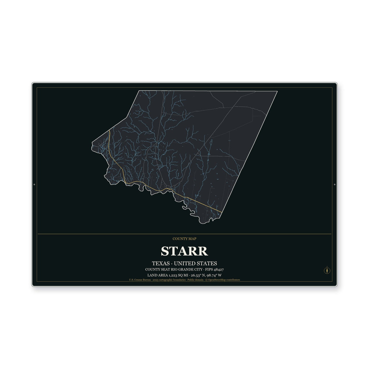 Starr County, Texas Map Aluminum Sign in Metropolitan Noir style